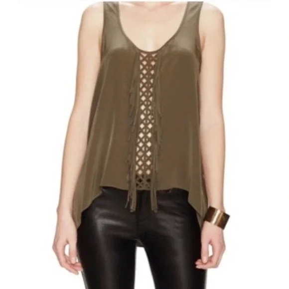 BCBGMaxAzria Mura Top/Tank ~ Dark Green/Olive Fringed 100% Silk ~ Size Small - Picture 1 of 9